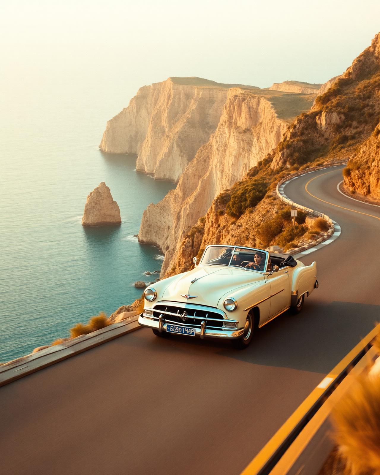 A vintage car on a coastal road at golden hour